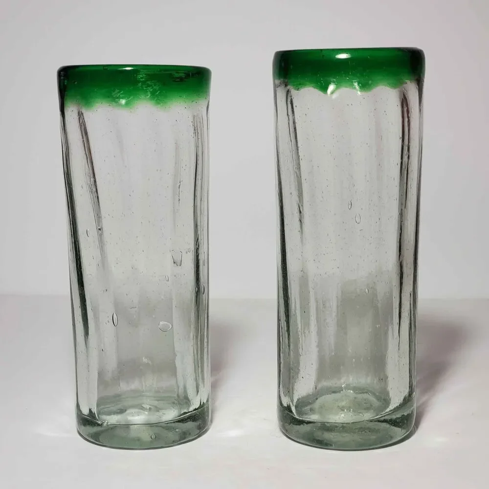 Hand Blown Glass Tumblers Green Rim